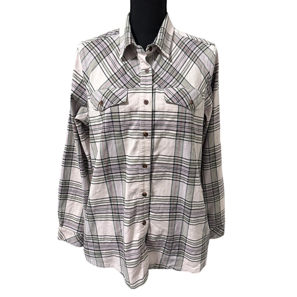 LL Bean Shirt Womens Medium Taupe Plaid Flannel Up Breast & Side‎ Pockets